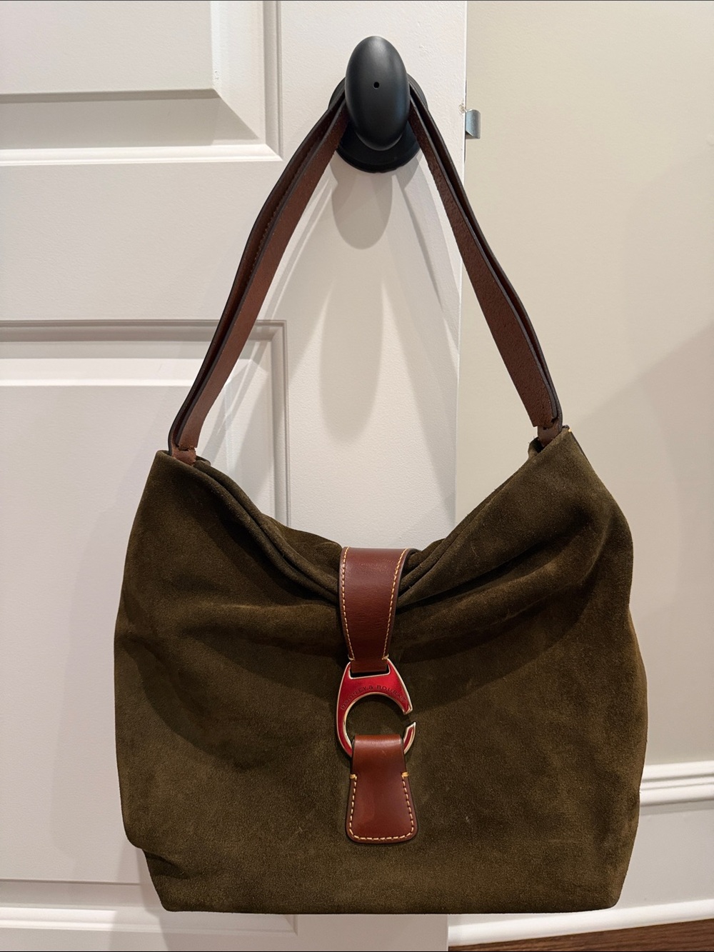 Dooney and Bourne Olive Suede Shoulder Hobo Bag with Brown Leather Trim